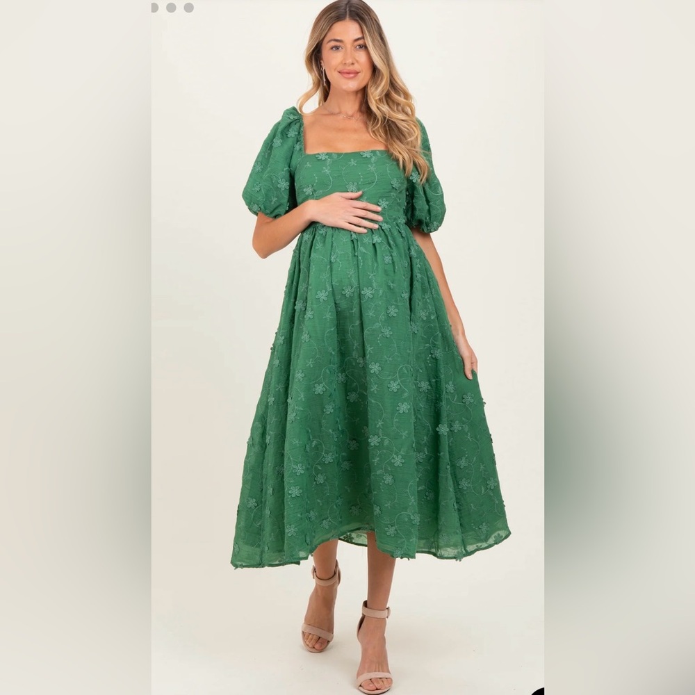 PinkBlush Green Embroidered Floral Puff Sleeve Maternity Midi Dress